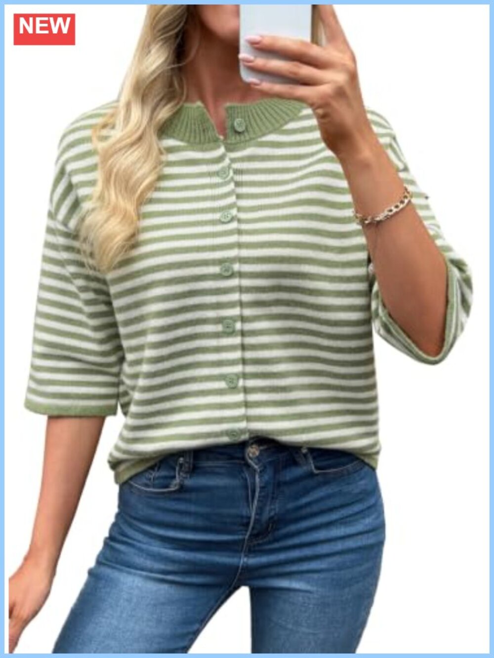 3/4 Sleeve Button Front Cardigan Lightweight Knit Sweater